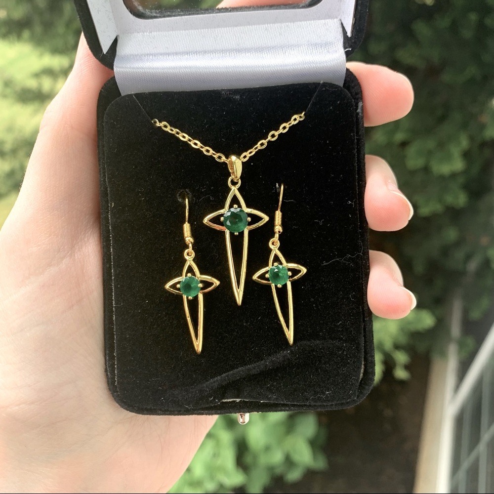 Cross Necklace & Earring Matching Set In Box // Gold w/ Green Stones | Religious